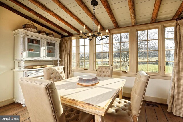 sunroom with an inviting chandelier, french doors, visible vents, and beam ceiling