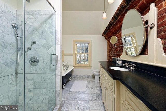 bathroom with toilet, marble finish floor, a bathtub, vanity, and a stall shower