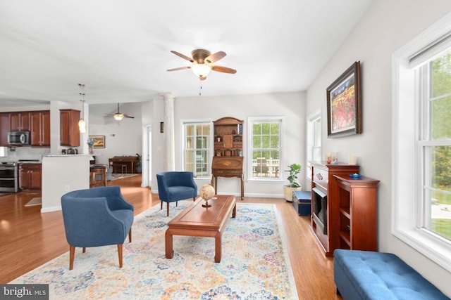 living room featuring light wood-style floors and ceiling fan