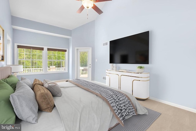 carpeted bedroom featuring baseboards, ceiling fan, visible vents, high vaulted ceiling, and access to exterior