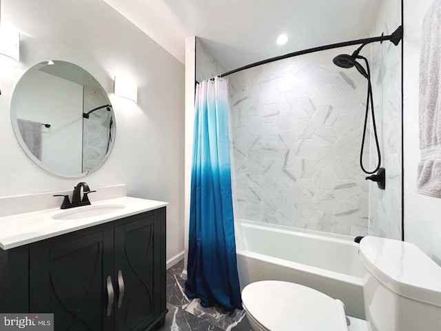 bathroom with vanity, toilet, shower / bath combo with shower curtain, and marble finish floor