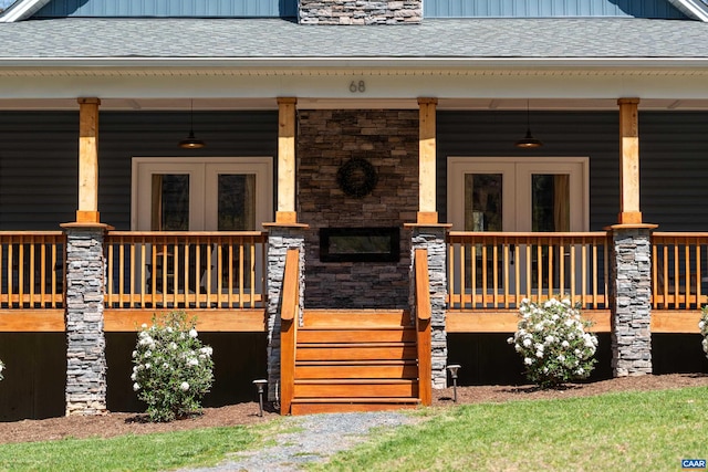 68 Ben Lyons Ln, Lyndhurst, VA 22952 - entrance to property with covered porch, roof with shingles, french doors, and board and batten siding