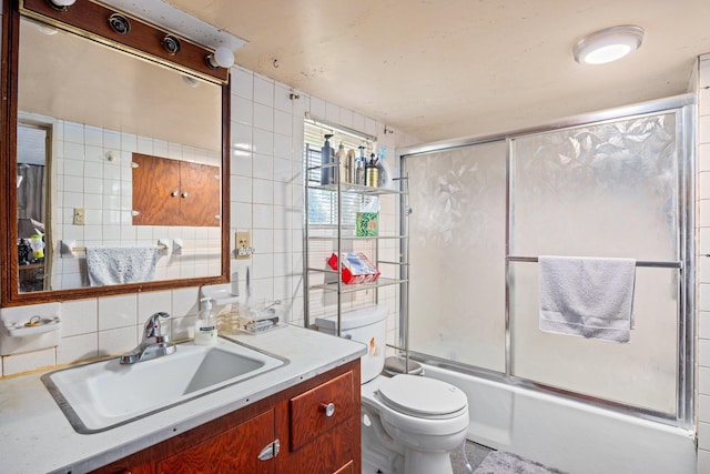 6596 Mayberry Rd, Singers Glen, VA 22850 - full bath featuring tile walls, vanity, toilet, enclosed tub / shower combo, and decorative backsplash