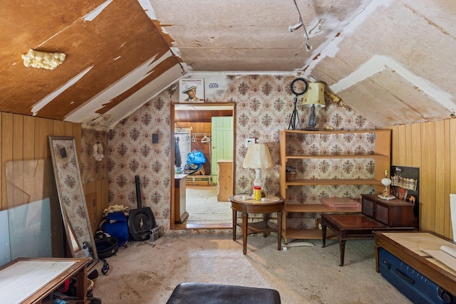6596 Mayberry Rd, Singers Glen, VA 22850 - additional living space featuring vaulted ceiling, wallpapered walls, and wooden walls