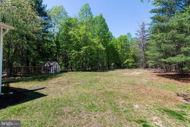  - view of green lawn with a storage shed and a forest view