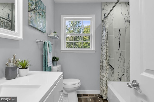 - bathroom with vanity and shower / bath combo with shower curtain