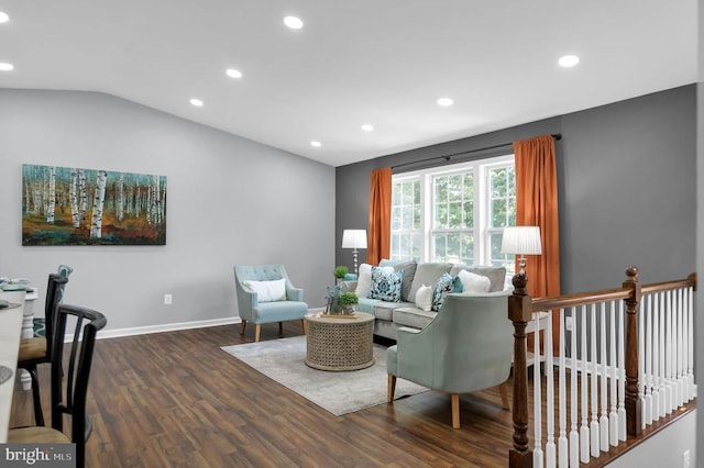  - living area with recessed lighting, wood finished floors, and lofted ceiling