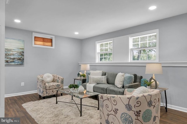  - living area featuring recessed lighting and dark wood-type flooring