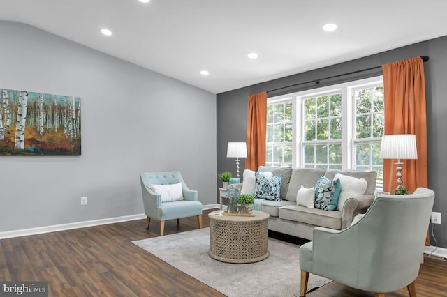  - living room with wood finished floors, recessed lighting, and lofted ceiling