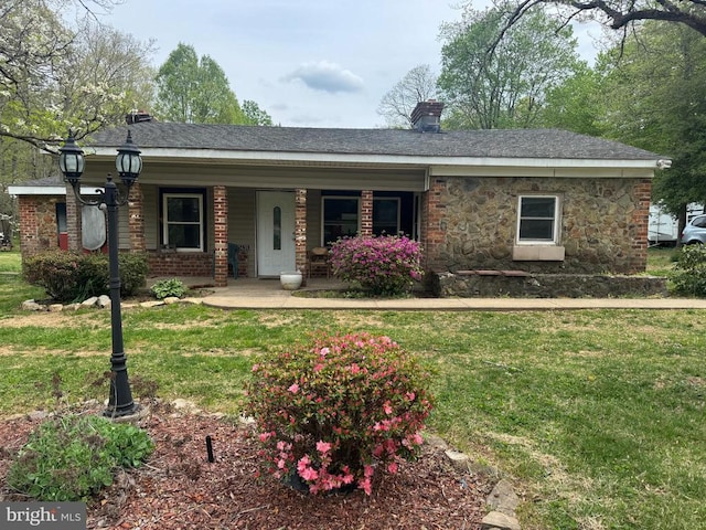 11418 Cox Ml, Gordonsville, VA 22942 - ranch-style house with a front lawn, a chimney, covered porch, and brick siding