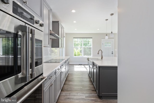 10811 Honorable Ct, Spotsylvania, VA 22553 - kitchen featuring gray cabinetry, a sink, dark wood finished floors, double oven, and light countertops