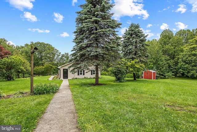  - view of grassy yard with a storage shed