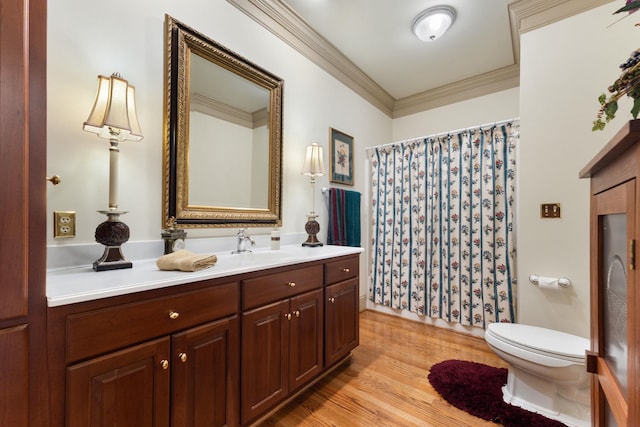 273 Bel Grene Dr, Fishersville, VA 22939 - bathroom featuring toilet, wood finished floors, vanity, curtained shower, and crown molding