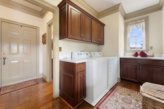273 Bel Grene Dr, Fishersville, VA 22939 - washroom with washing machine and clothes dryer, dark wood finished floors, crown molding, and cabinet space