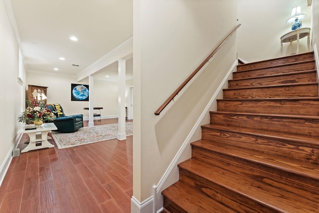 273 Bel Grene Dr, Fishersville, VA 22939 - stairs featuring recessed lighting, baseboards, ornamental molding, decorative columns, and wood finished floors