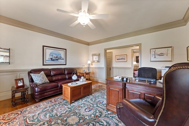 273 Bel Grene Dr, Fishersville, VA 22939 - office area featuring a ceiling fan, ornamental molding, a wainscoted wall, and wood finished floors