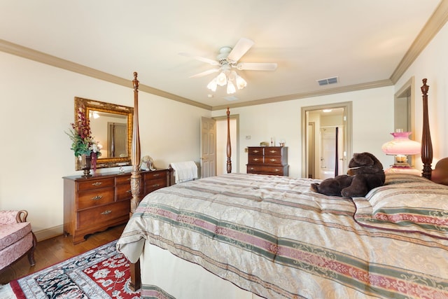 273 Bel Grene Dr, Fishersville, VA 22939 - bedroom featuring wood finished floors, a ceiling fan, visible vents, baseboards, and ornamental molding