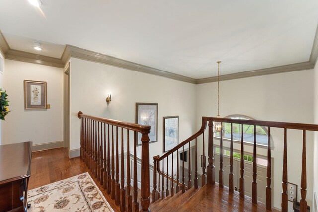 273 Bel Grene Dr, Fishersville, VA 22939 - stairway with crown molding, wood finished floors, baseboards, and an inviting chandelier