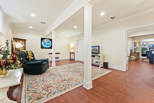 273 Bel Grene Dr, Fishersville, VA 22939 - living area featuring ornamental molding, ornate columns, and visible vents