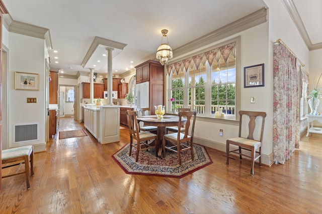 273 Bel Grene Dr, Fishersville, VA 22939 - dining room featuring visible vents, recessed lighting, crown molding, baseboards, and light wood-style floors