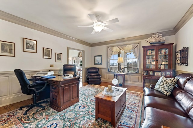 273 Bel Grene Dr, Fishersville, VA 22939 - office featuring wainscoting, wood finished floors, and a ceiling fan