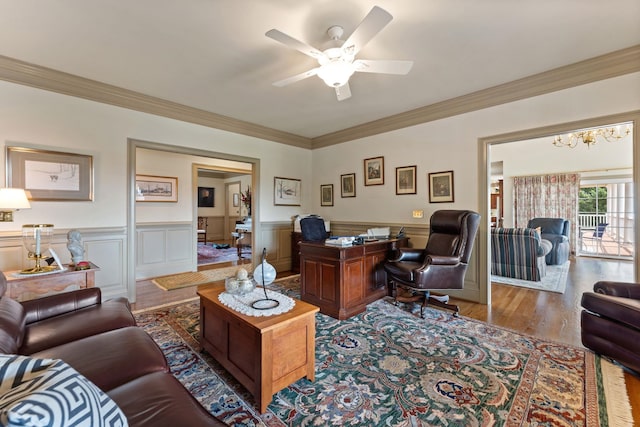 273 Bel Grene Dr, Fishersville, VA 22939 - office featuring a wainscoted wall, wood finished floors, ceiling fan with notable chandelier, and ornamental molding