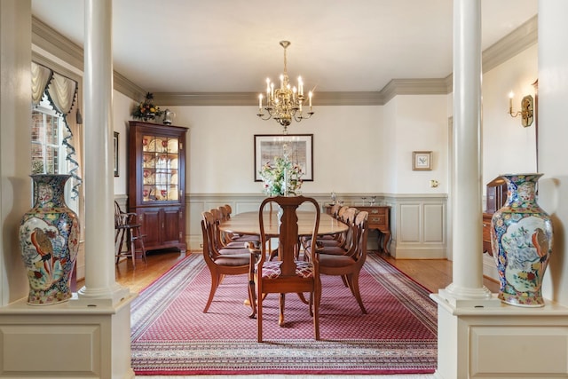 273 Bel Grene Dr, Fishersville, VA 22939 - dining room with wood finished floors, decorative columns, ornamental molding, and a notable chandelier