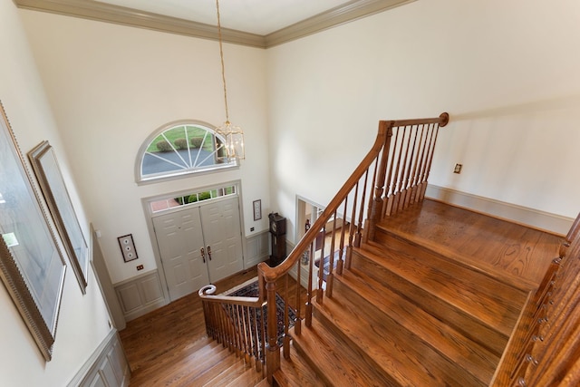 273 Bel Grene Dr, Fishersville, VA 22939 - entrance foyer featuring stairs, wood finished floors, ornamental molding, a towering ceiling, and a chandelier