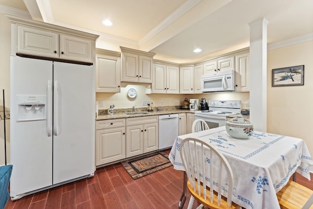 273 Bel Grene Dr, Fishersville, VA 22939 - kitchen featuring crown molding, cream cabinetry, white appliances, and recessed lighting