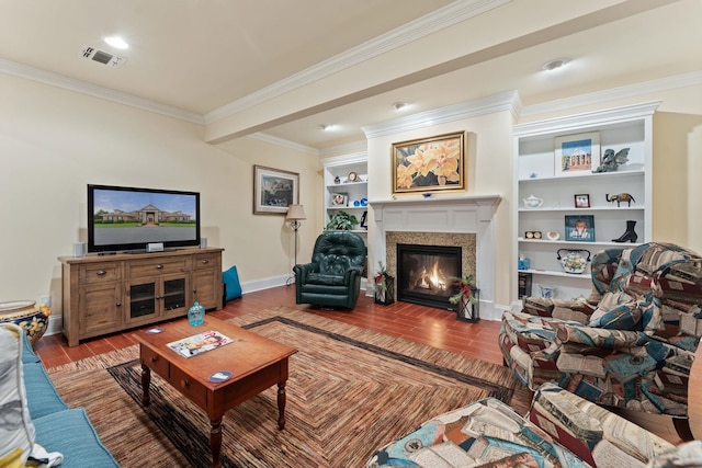 273 Bel Grene Dr, Fishersville, VA 22939 - living area featuring baseboards, a glass covered fireplace, visible vents, crown molding, and wood finished floors