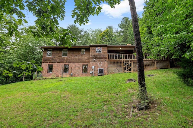 409 Thomas St, Staunton, VA 24401 - back of house featuring a yard, brick siding, a wooden deck, and central AC unit
