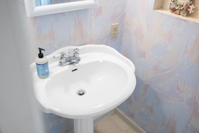 409 Thomas St, Staunton, VA 24401 - bathroom featuring wallpapered walls, a sink, and tile patterned floors