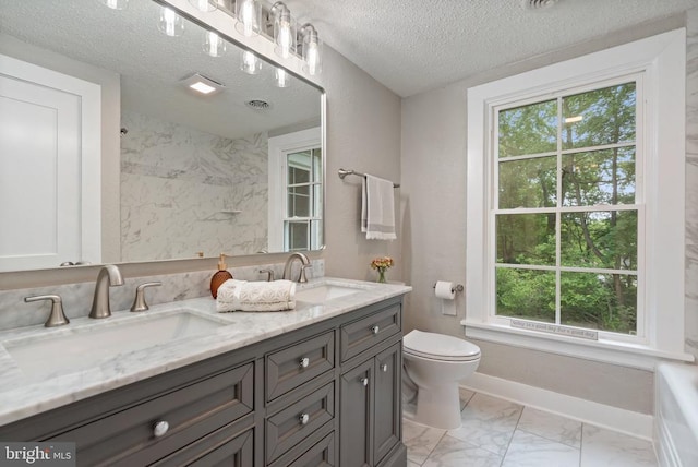 105 Washington St E, Remington, VA 22734 - bathroom with double vanity, a textured ceiling, plenty of natural light, toilet, and a shower