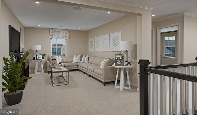 living area featuring carpet floors, baseboards, recessed lighting, and crown molding