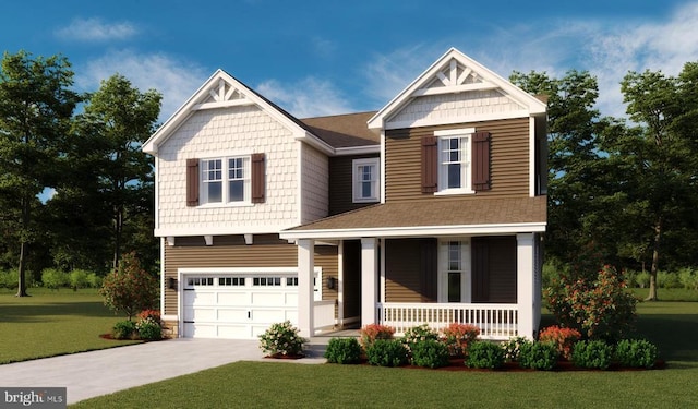 craftsman house with a porch, concrete driveway, an attached garage, a front lawn, and roof with shingles