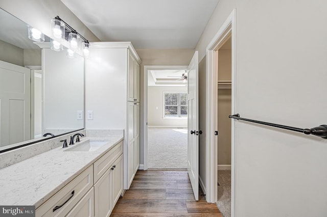 bathroom featuring vanity, baseboards, and wood finished floors