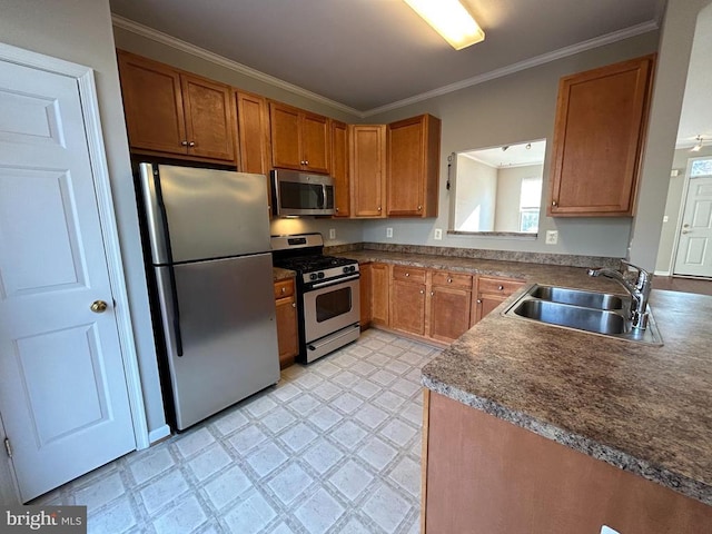 4213 Normandy Ct, Fredericksburg, VA 22408 - kitchen with stainless steel appliances, a sink, brown cabinets, light flooring, and ornamental molding