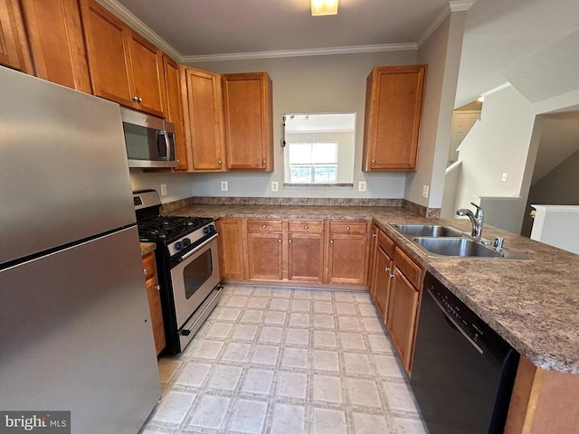 4213 Normandy Ct, Fredericksburg, VA 22408 - kitchen featuring appliances with stainless steel finishes, brown cabinetry, crown molding, a sink, and light floors