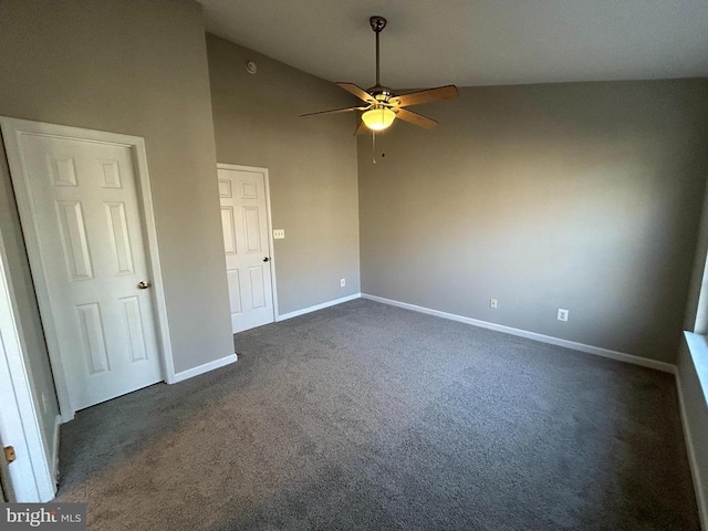 4213 Normandy Ct, Fredericksburg, VA 22408 - unfurnished room with a ceiling fan, dark carpet, baseboards, and vaulted ceiling