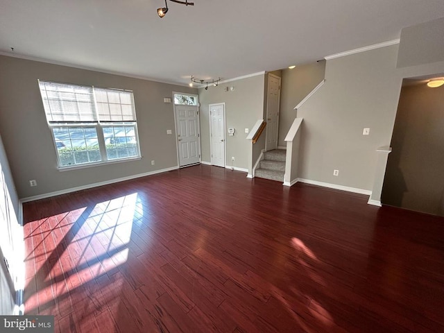 4213 Normandy Ct, Fredericksburg, VA 22408 - unfurnished living room featuring wood finished floors, stairs, track lighting, ornamental molding, and baseboards