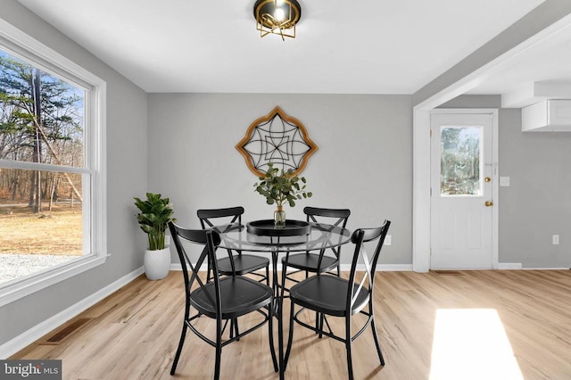 dining area with baseboards, light wood-style floors, visible vents, and a healthy amount of sunlight