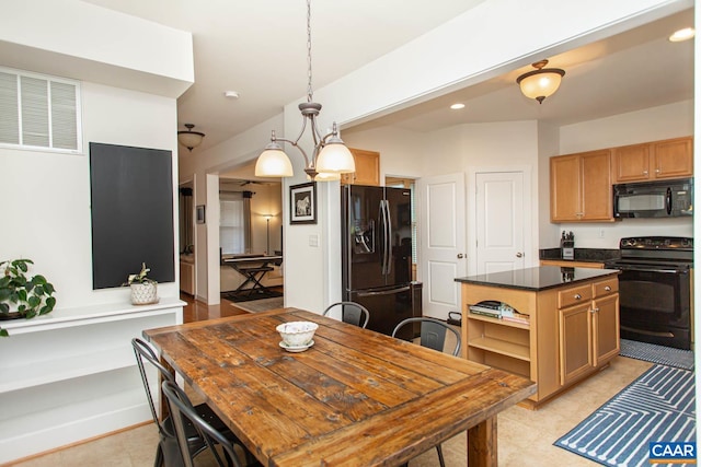 814 Cole St, Charlottesville, VA 22901 - kitchen featuring black appliances, dark countertops, open shelves, decorative light fixtures, and a kitchen island