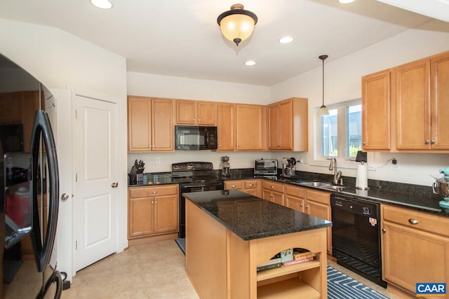814 Cole St, Charlottesville, VA 22901 - kitchen with black appliances, a sink, a center island, dark stone counters, and open shelves