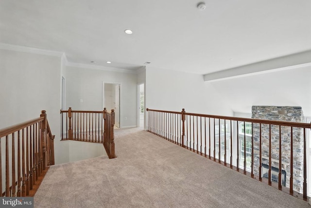 11402 Chivalry Chase Ln, Spotsylvania, VA 22551 - hallway featuring an upstairs landing, carpet floors, recessed lighting, and crown molding
