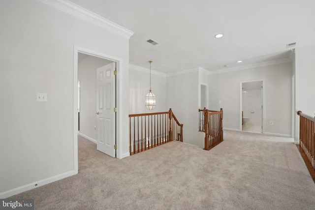 11402 Chivalry Chase Ln, Spotsylvania, VA 22551 - hallway featuring an upstairs landing, ornamental molding, carpet flooring, a chandelier, and recessed lighting