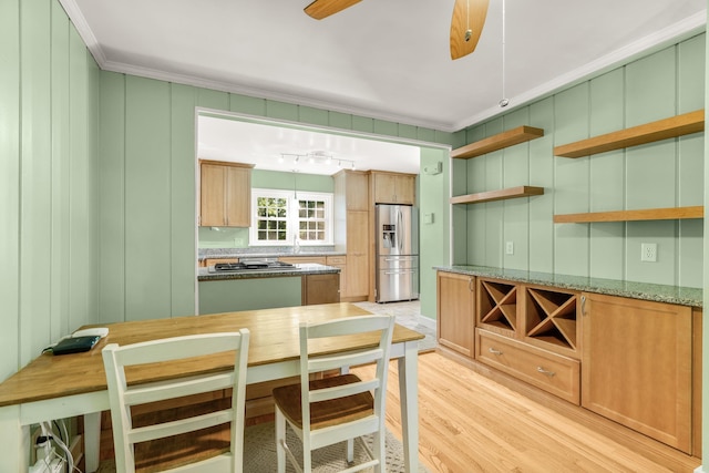 406 College Cir, Staunton, VA 24401 - kitchen featuring appliances with stainless steel finishes, open shelves, light wood-style floors, a decorative wall, and ornamental molding