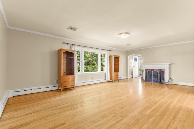 406 College Cir, Staunton, VA 24401 - unfurnished living room with arched walkways, light wood finished floors, a baseboard radiator, ornamental molding, and a brick fireplace