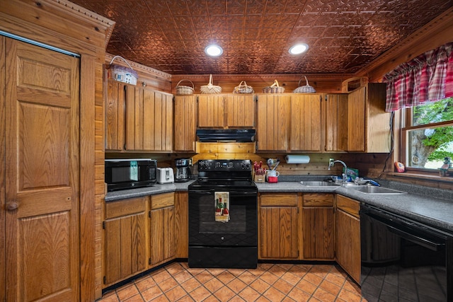 1215 Fort Stover Rd, Luray, VA 22835 - kitchen with black appliances, an ornate ceiling, range hood, brown cabinetry, and dark countertops