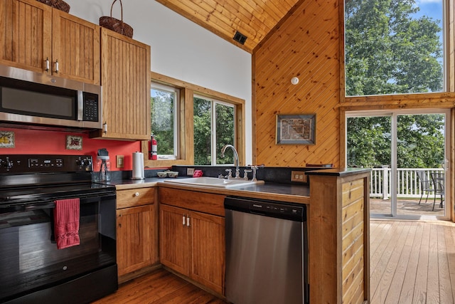 1215 Fort Stover Rd, Luray, VA 22835 - kitchen with appliances with stainless steel finishes, high vaulted ceiling, light wood-type flooring, healthy amount of natural light, and wood walls