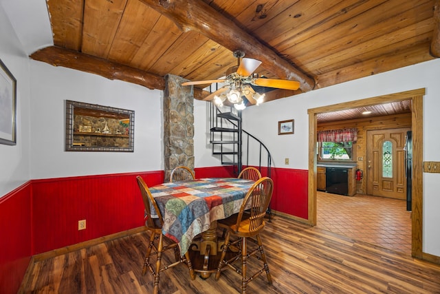1215 Fort Stover Rd, Luray, VA 22835 - dining room featuring wainscoting, a wooden ceiling with exposed beams, wood finished floors, ceiling fan, and wood walls